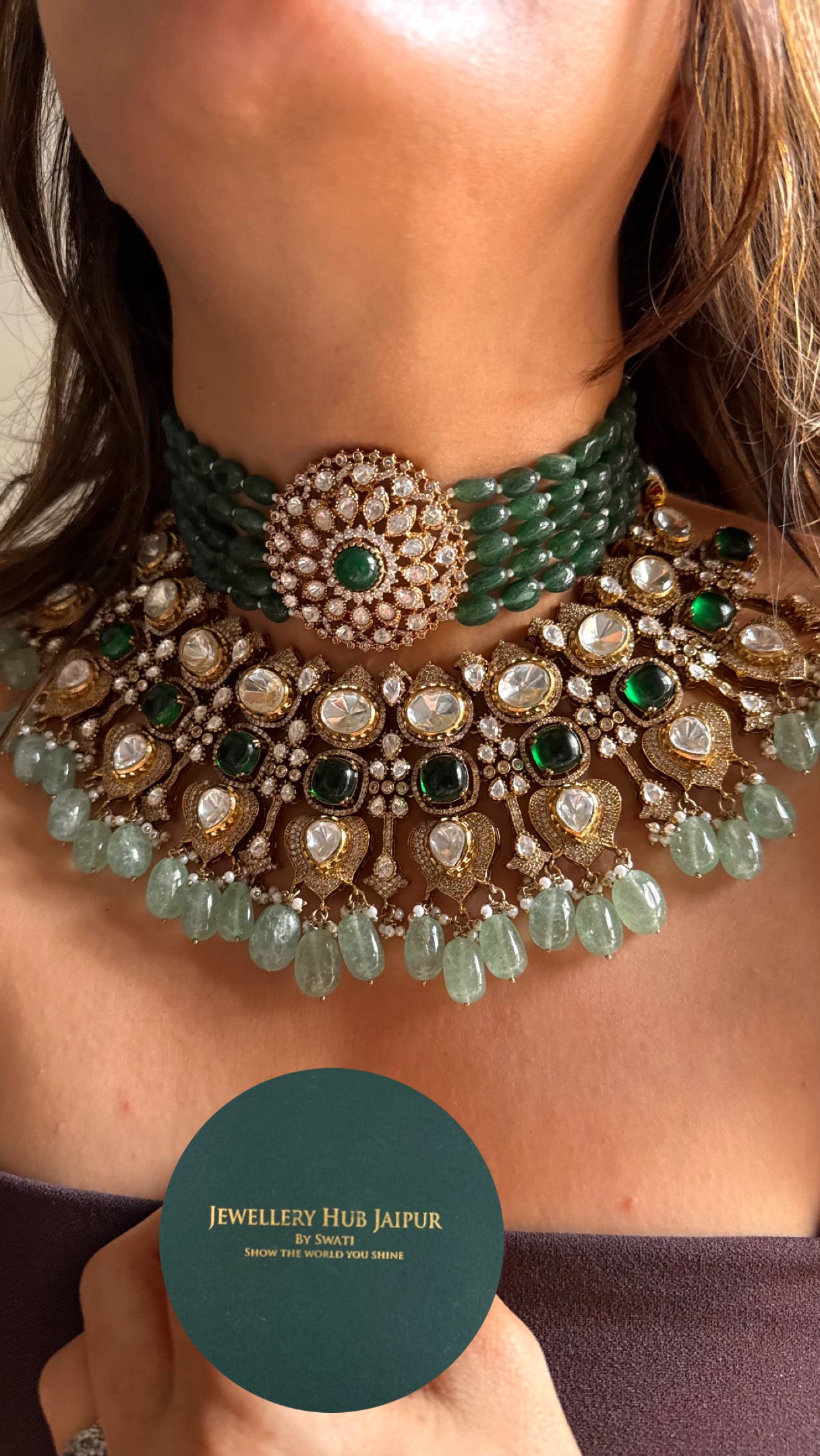 Emerald doublet wth pearl detailing mint drops bridal combo Necklace