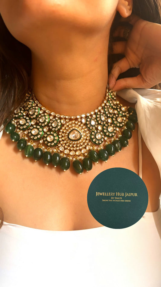 Emerald meenakari polki collar necklace set