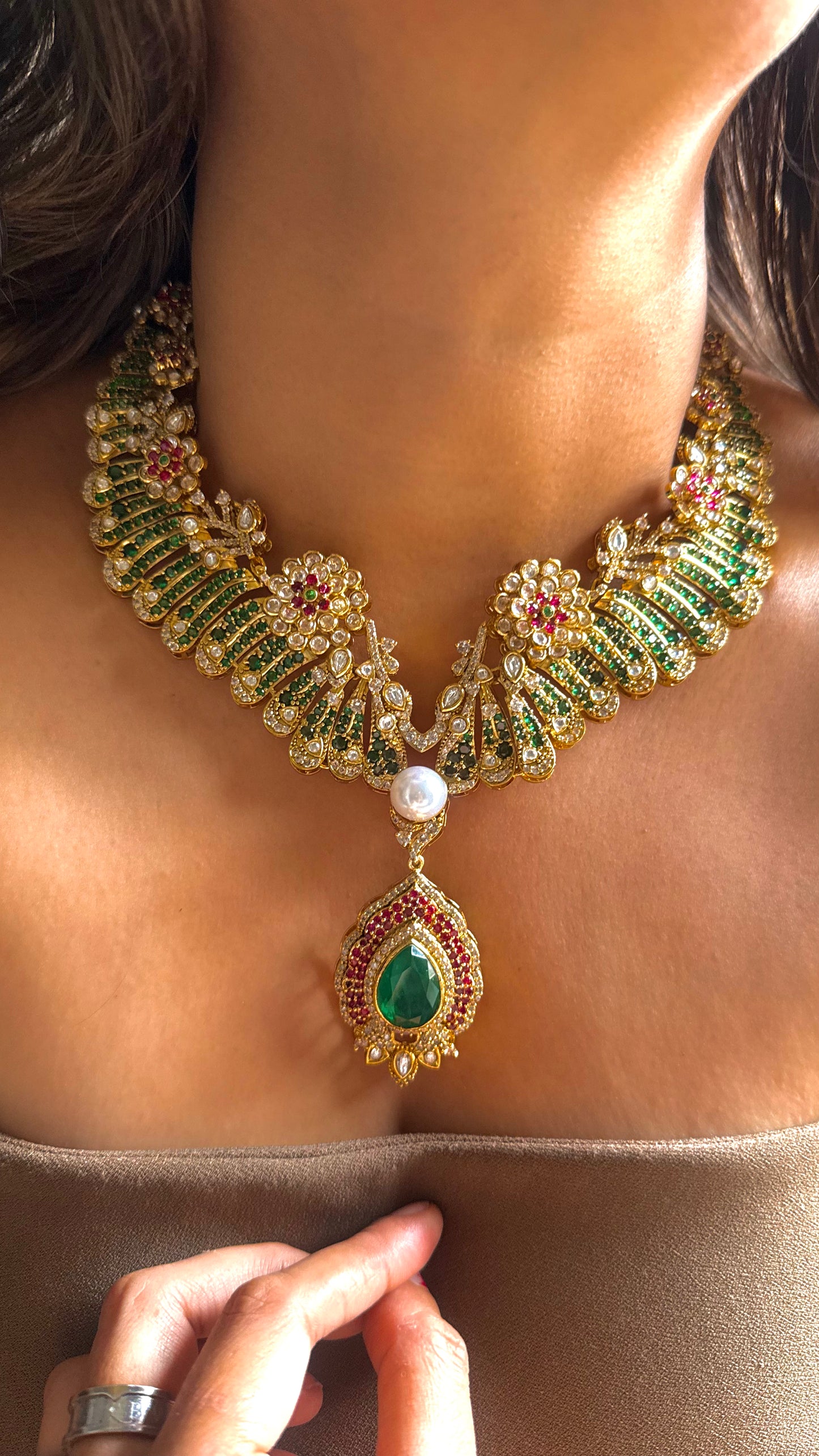 Floral pattern Ruby & emerald doublet designer necklace