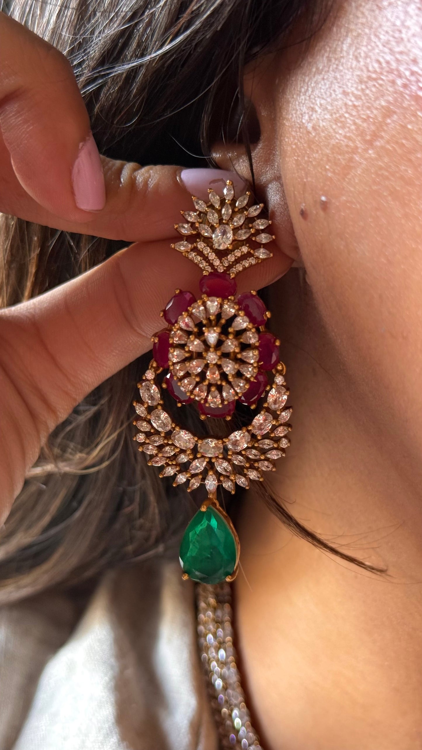Emerald & Rani pink doublets with cz diamond Necklace