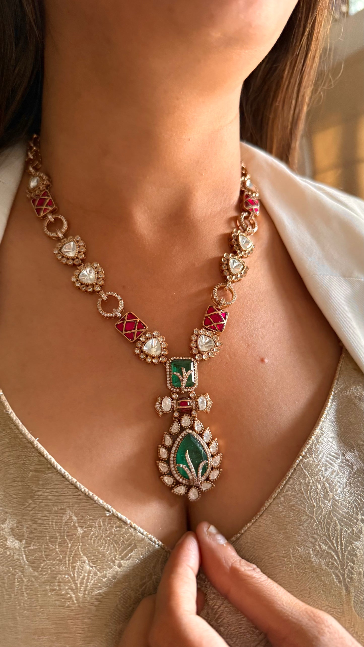 Shiva Emerald doublet & ruby katdana moissanite collar necklace