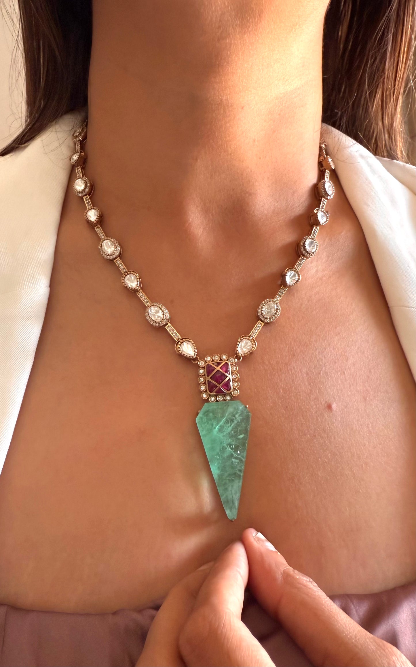 Eshvini Mint & ruby katdana moissanite mid length necklace