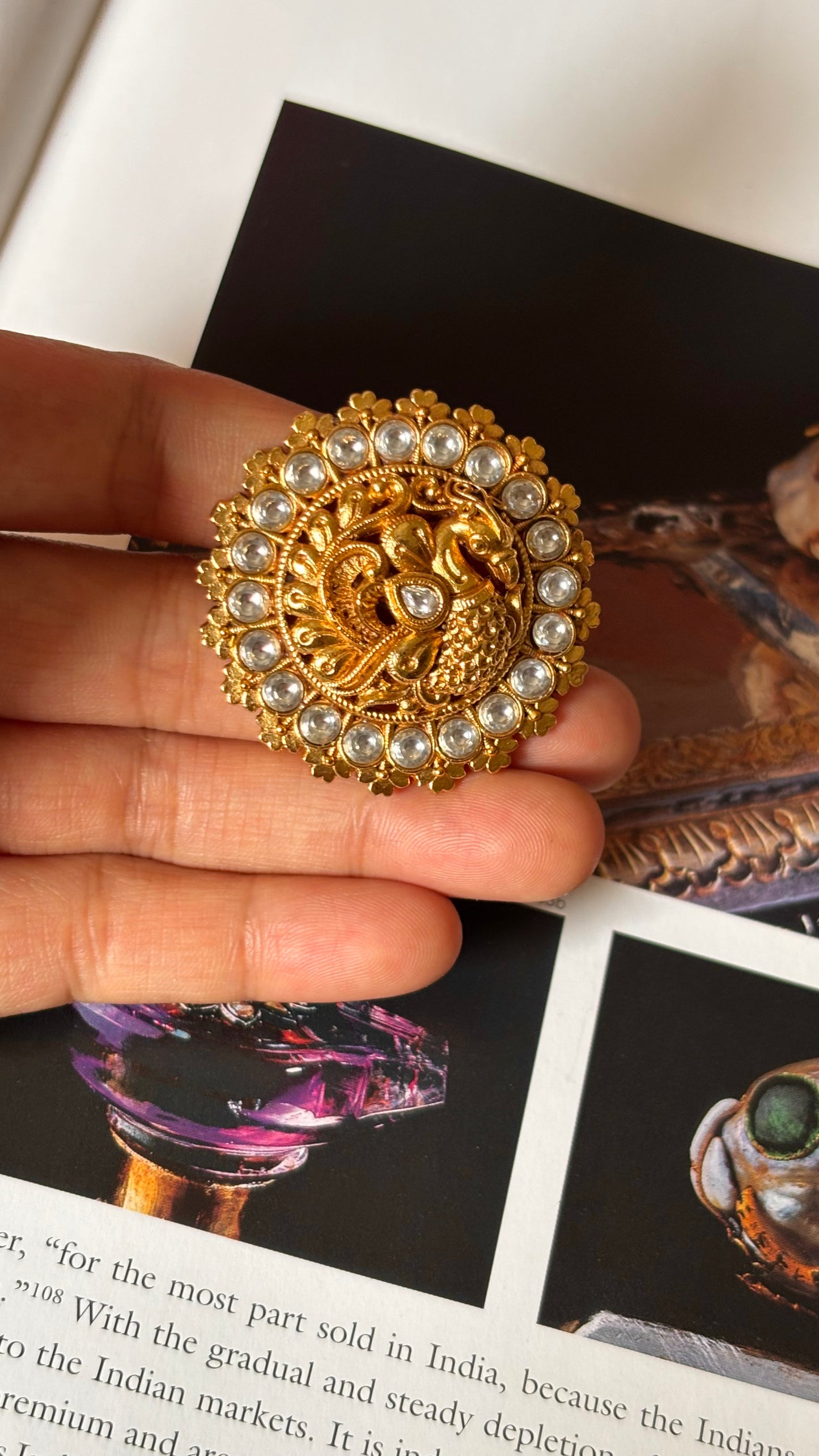 Peacock designer gold rajwada white polki ring