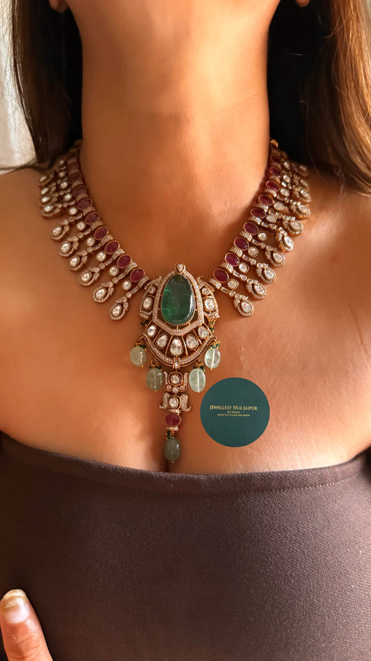 Emerald doublet & rani pink moissanite uncut polki with mint drop collar set