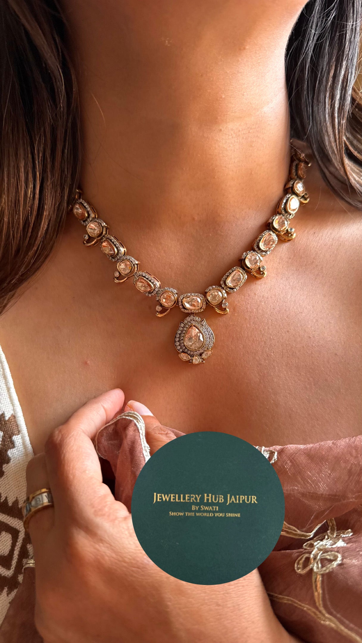 Uncut polki with pendant minimalist necklace