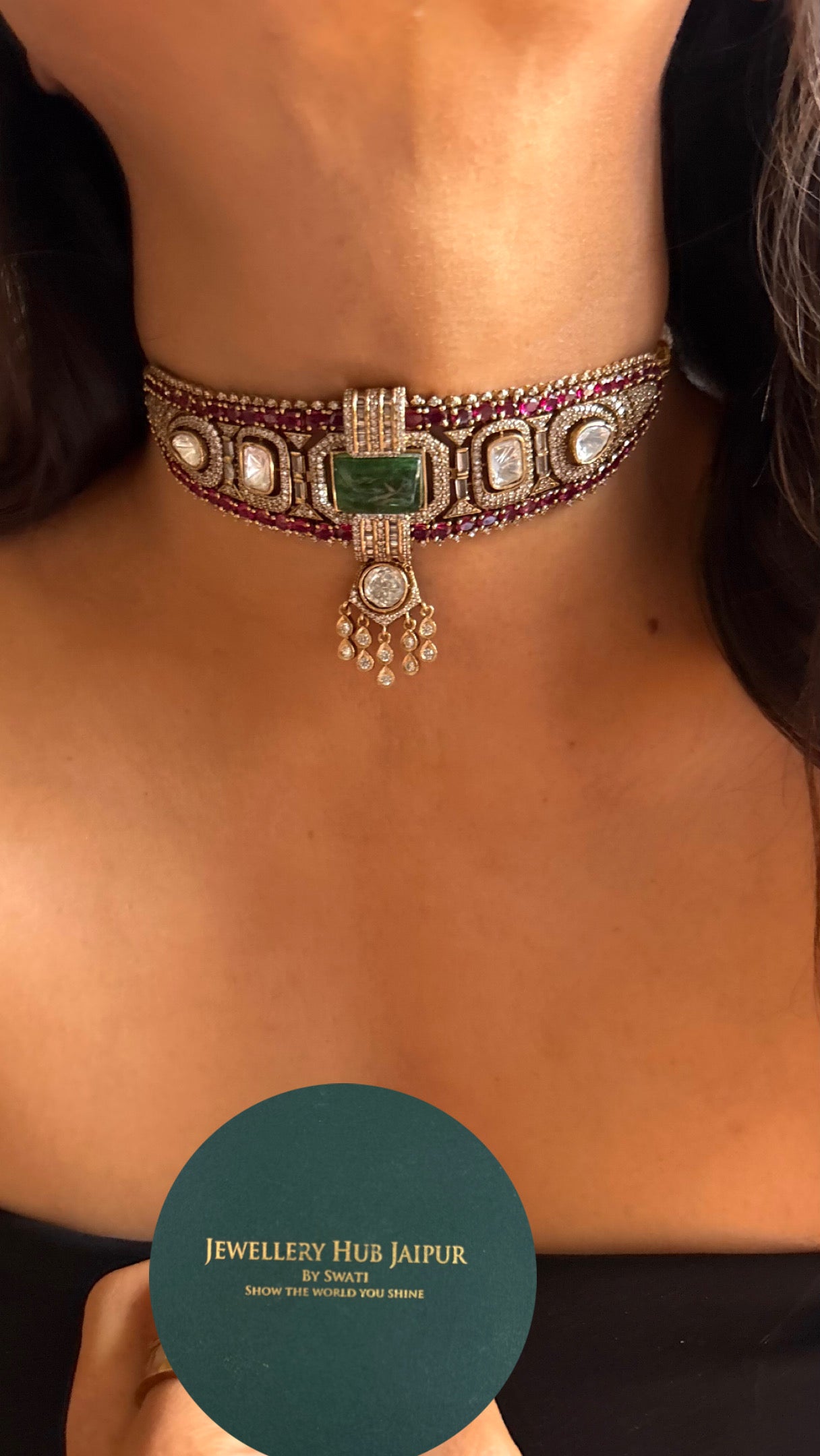 Emerald & Rani pink doublet designer choker necklace