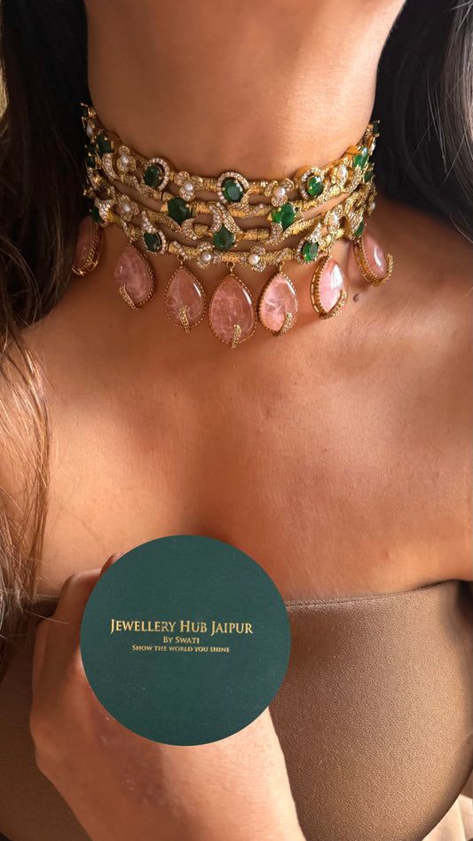 Emerald & rose quartz cocktail statement choker