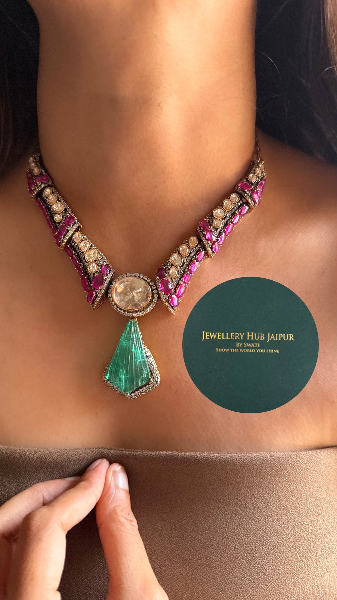 Mint doublet & rani pink moissanite designer cocktail collar set