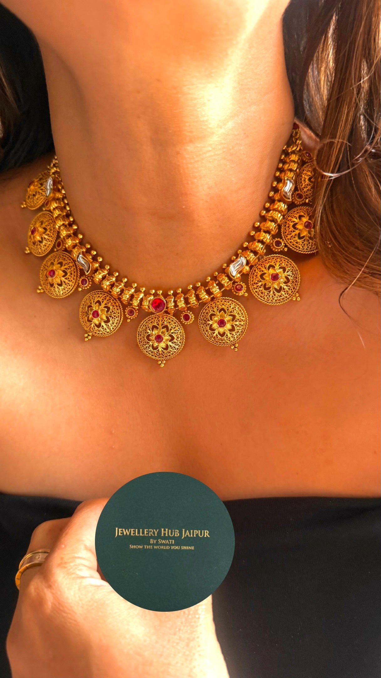 Vibha floral ruby dull gold necklace