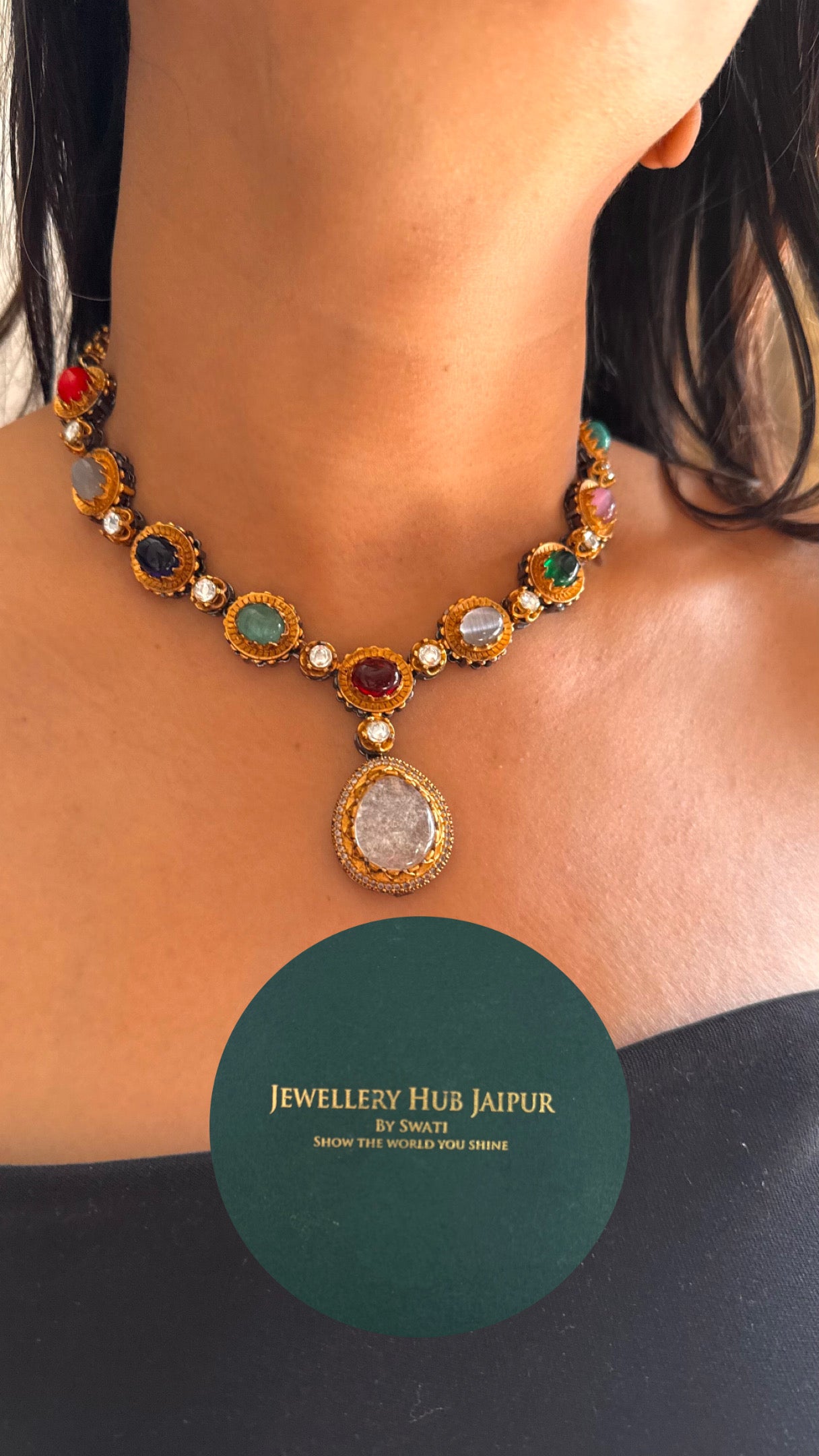 Navratna inspired drop designer necklace