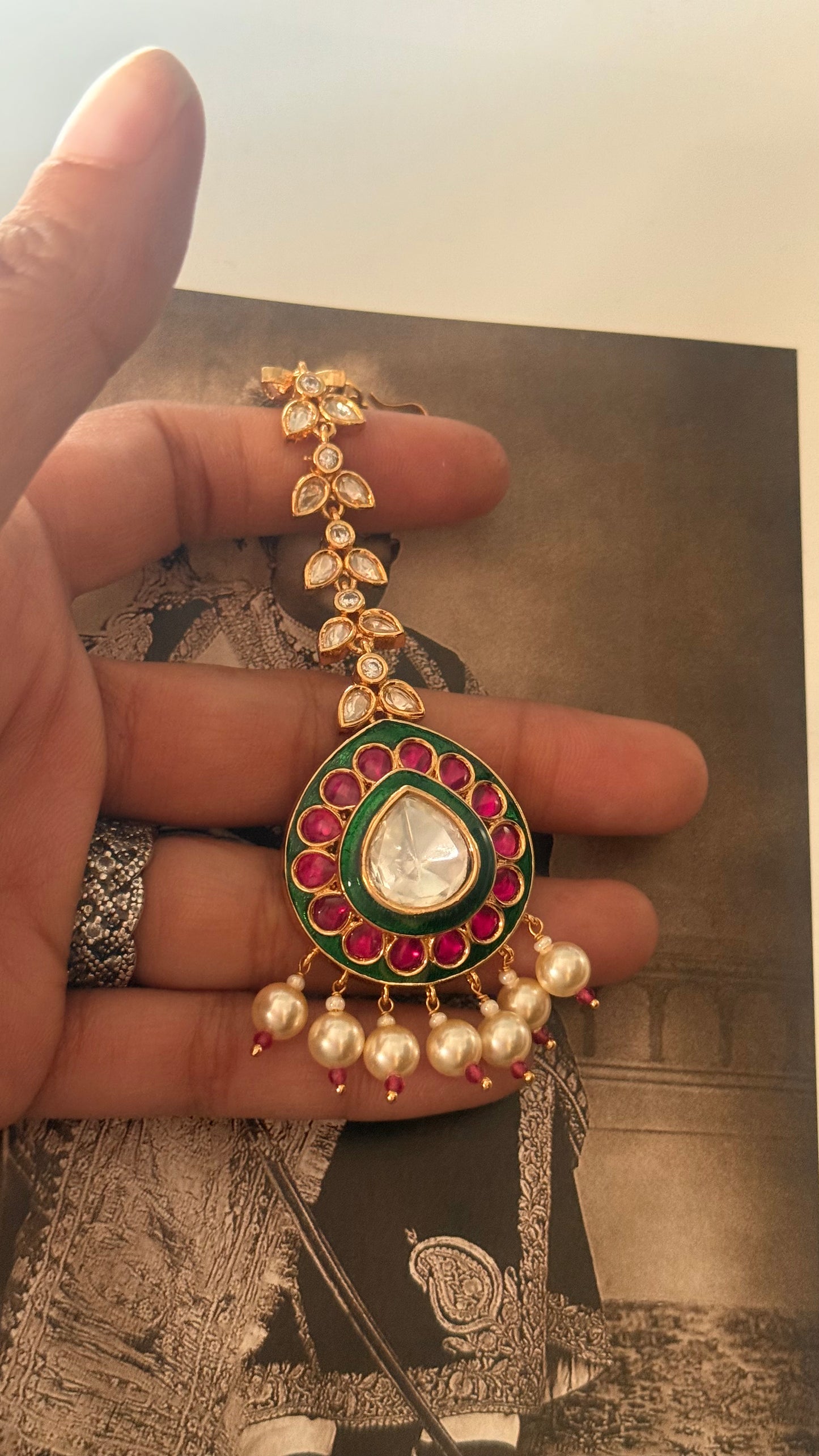 Ruby & emerald meenakari pearl maangtika