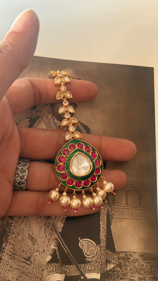 Ruby & emerald meenakari pearl maangtika