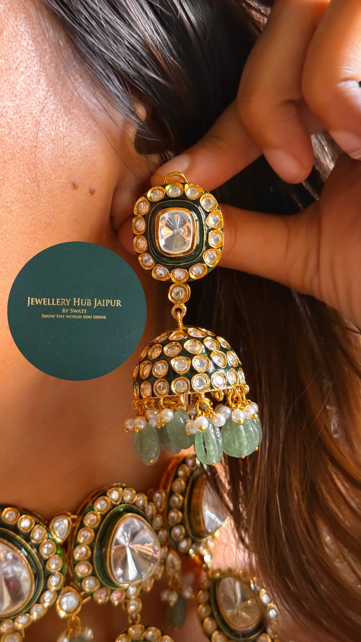 Emerald meenakari polki with mint drop choker
