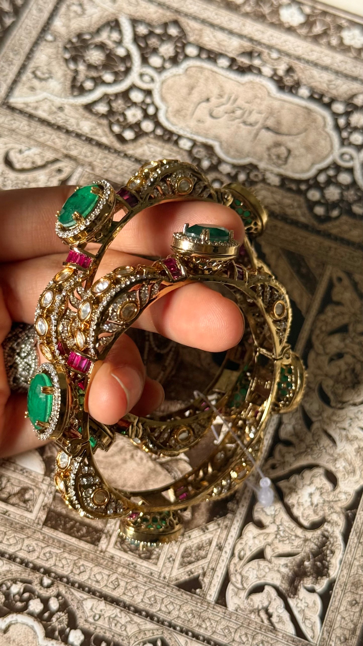 Emerald doublet & rani pink moissanite Victorian openable bangle