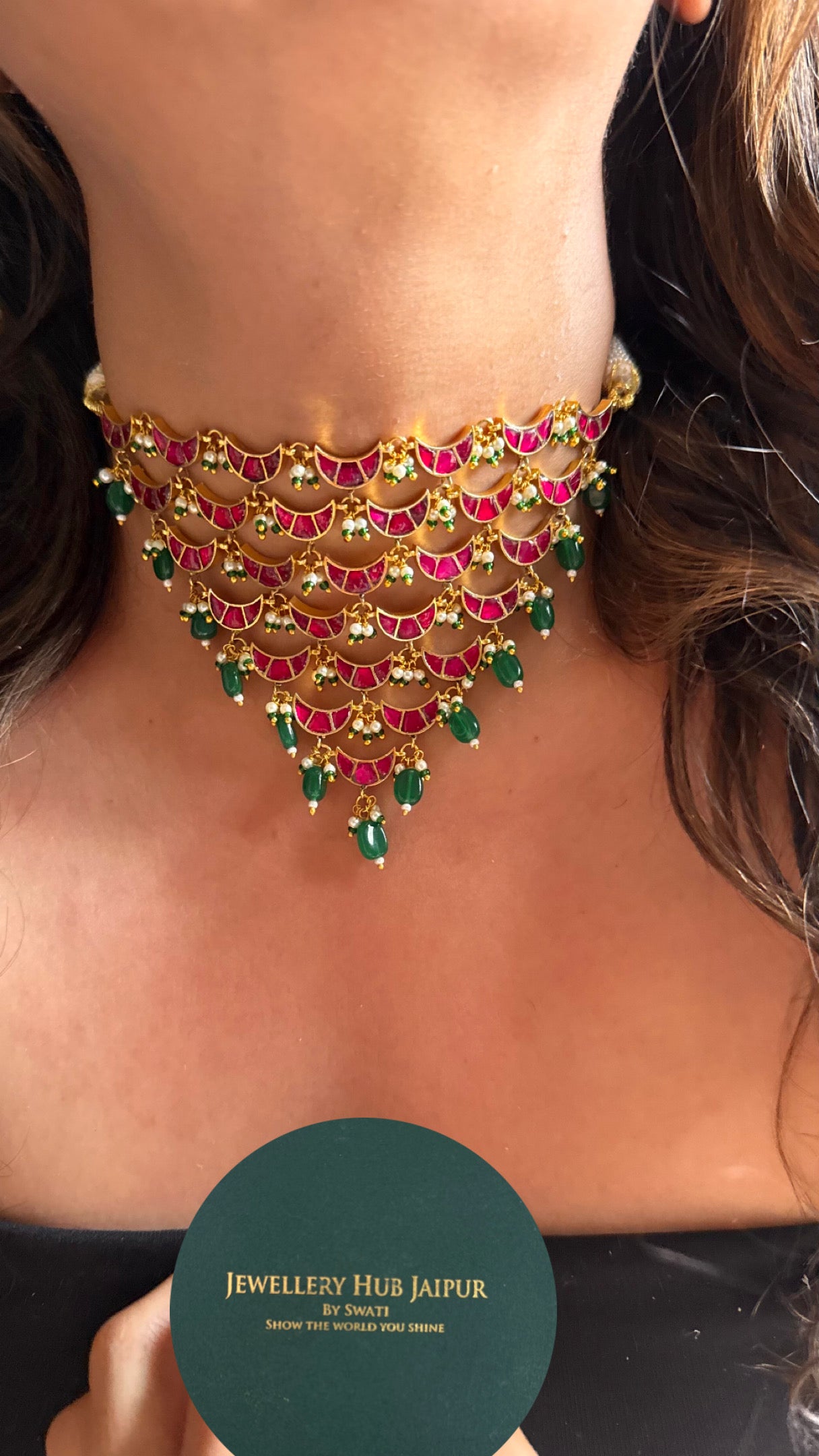 Designer half moon shape with emerald drops choker Necklace