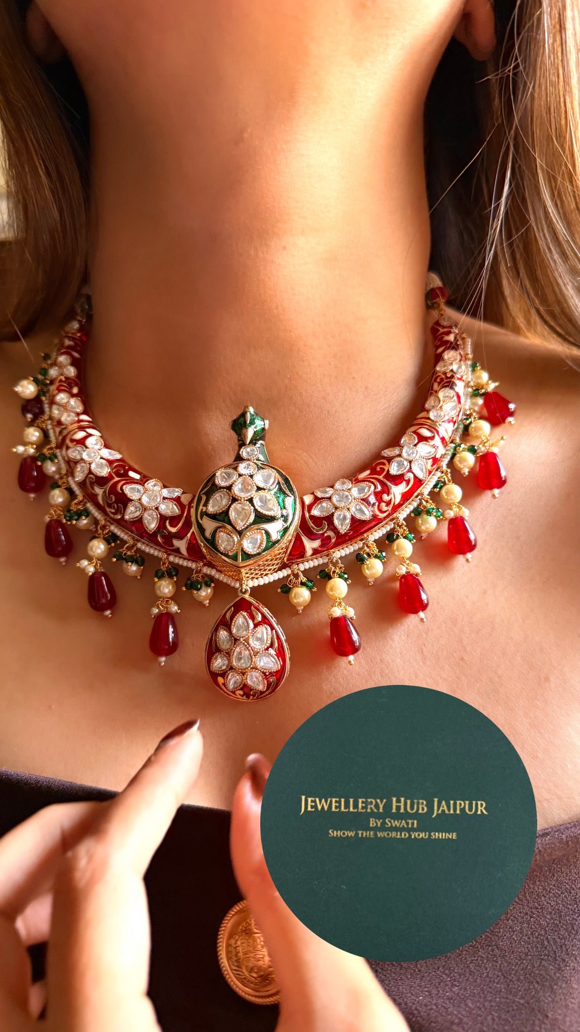 Ruby & emerald meenakari moissanite peacock with ruby drop Hasli