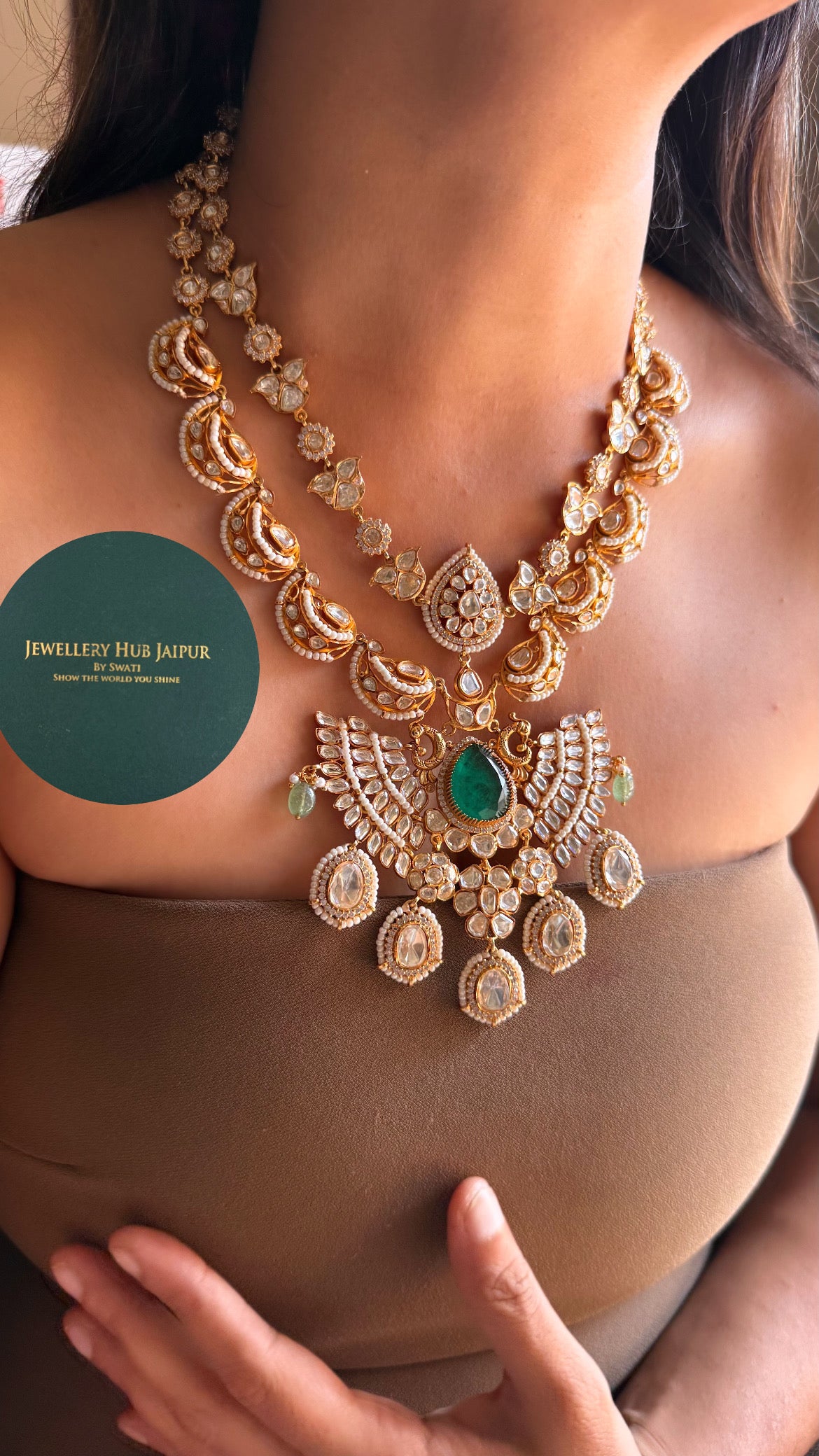 Real moissanite & emerald doublet with mint strawberry designer mid length set