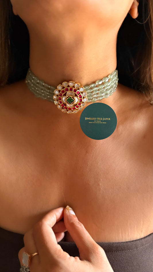 Real Moissanite Emerald & rani pink mint thread choker set