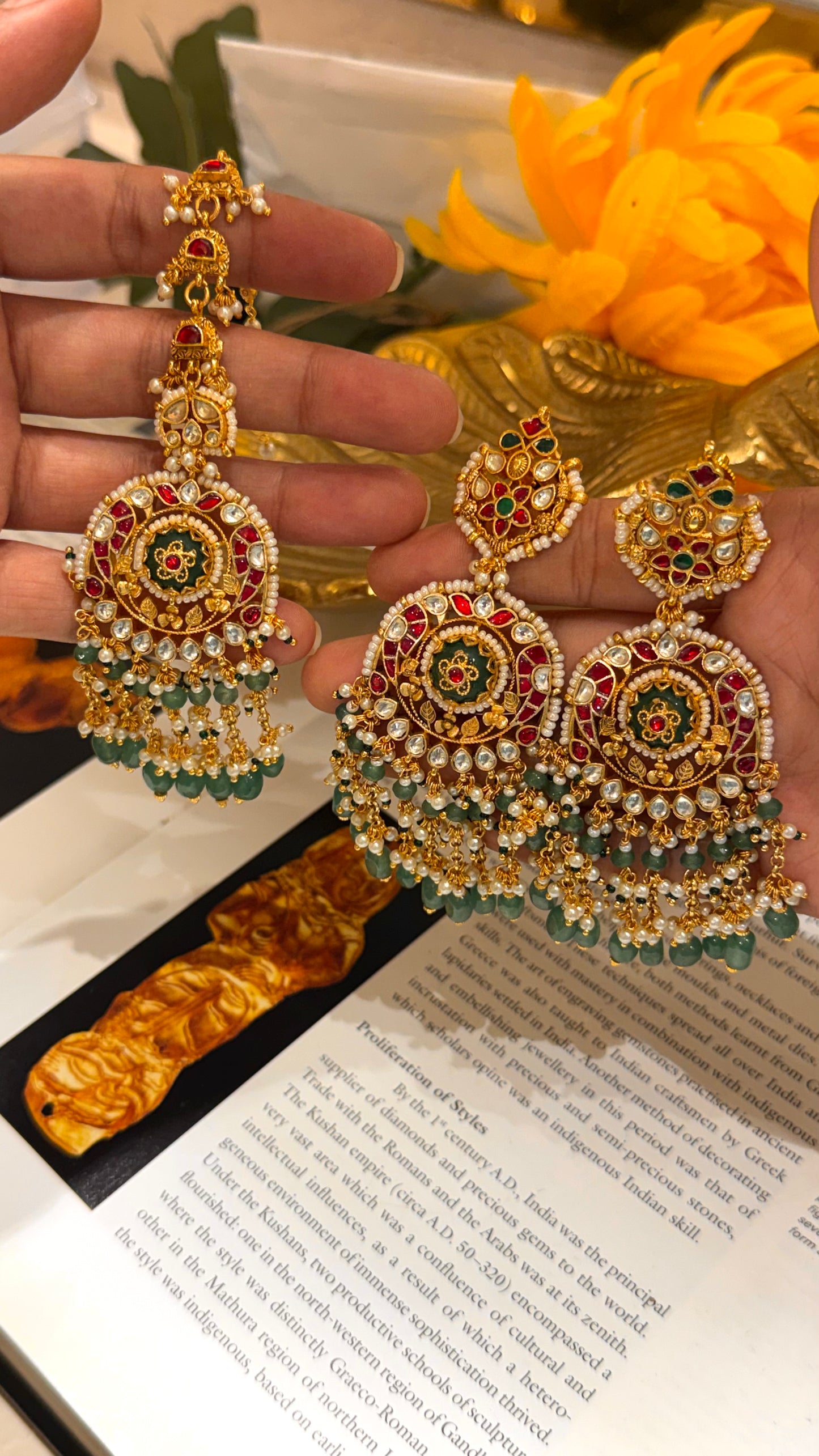 Emerald inlay heritage ruby & strawberry drops maangtika with earrings combo