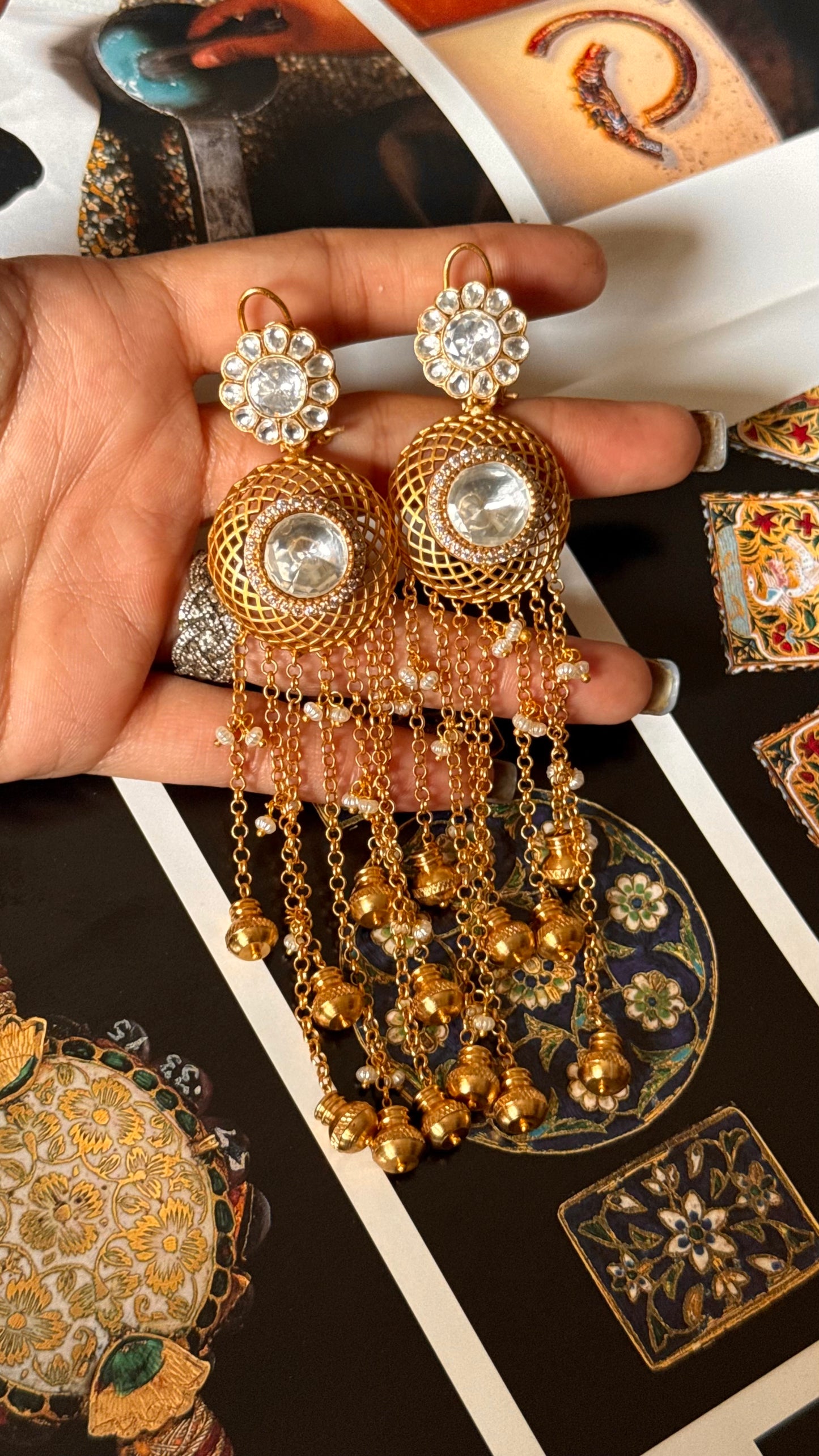Moissanite polki goldeb drops long earring
