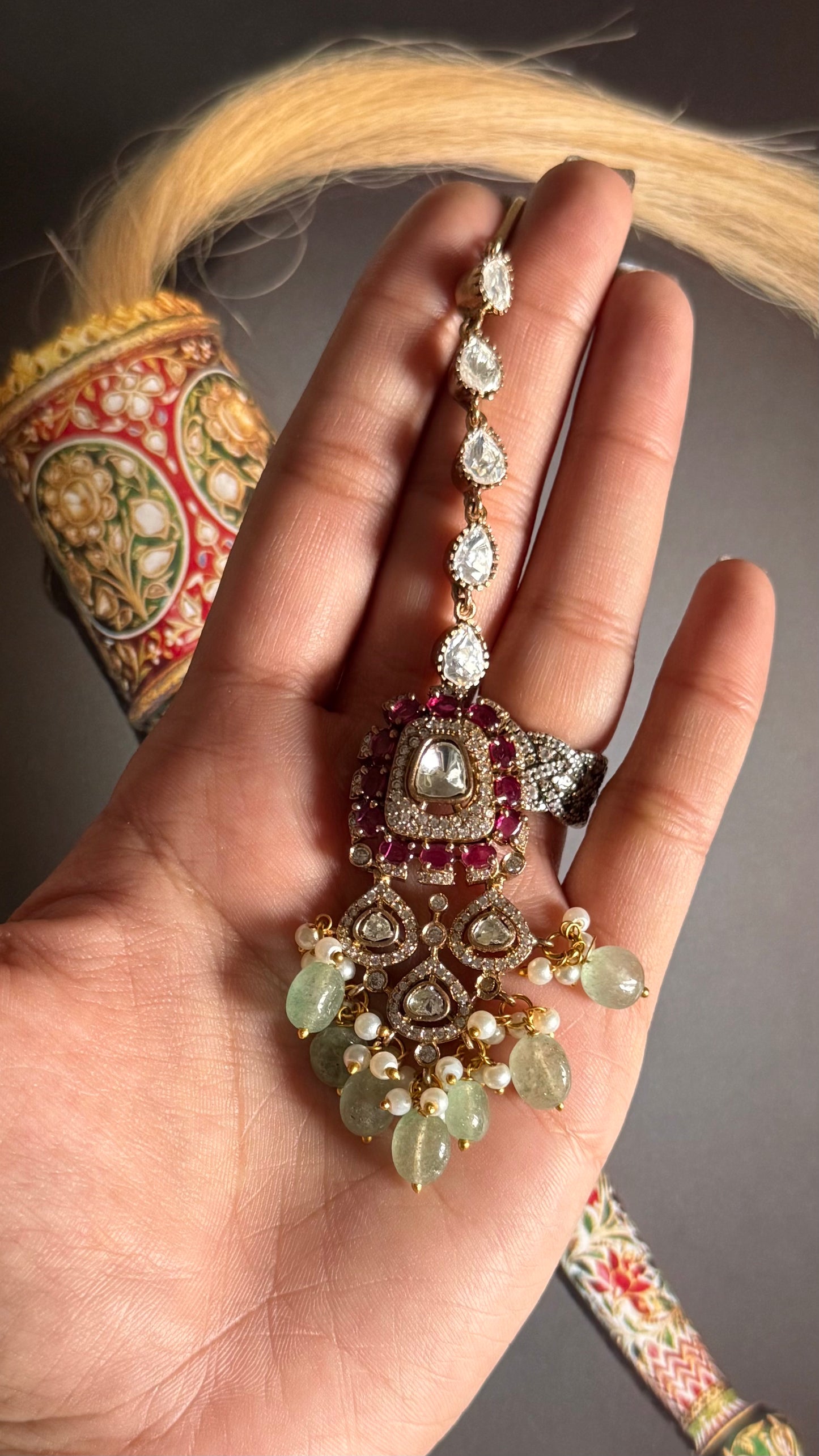 Rani pink & mint moissanite maangtika