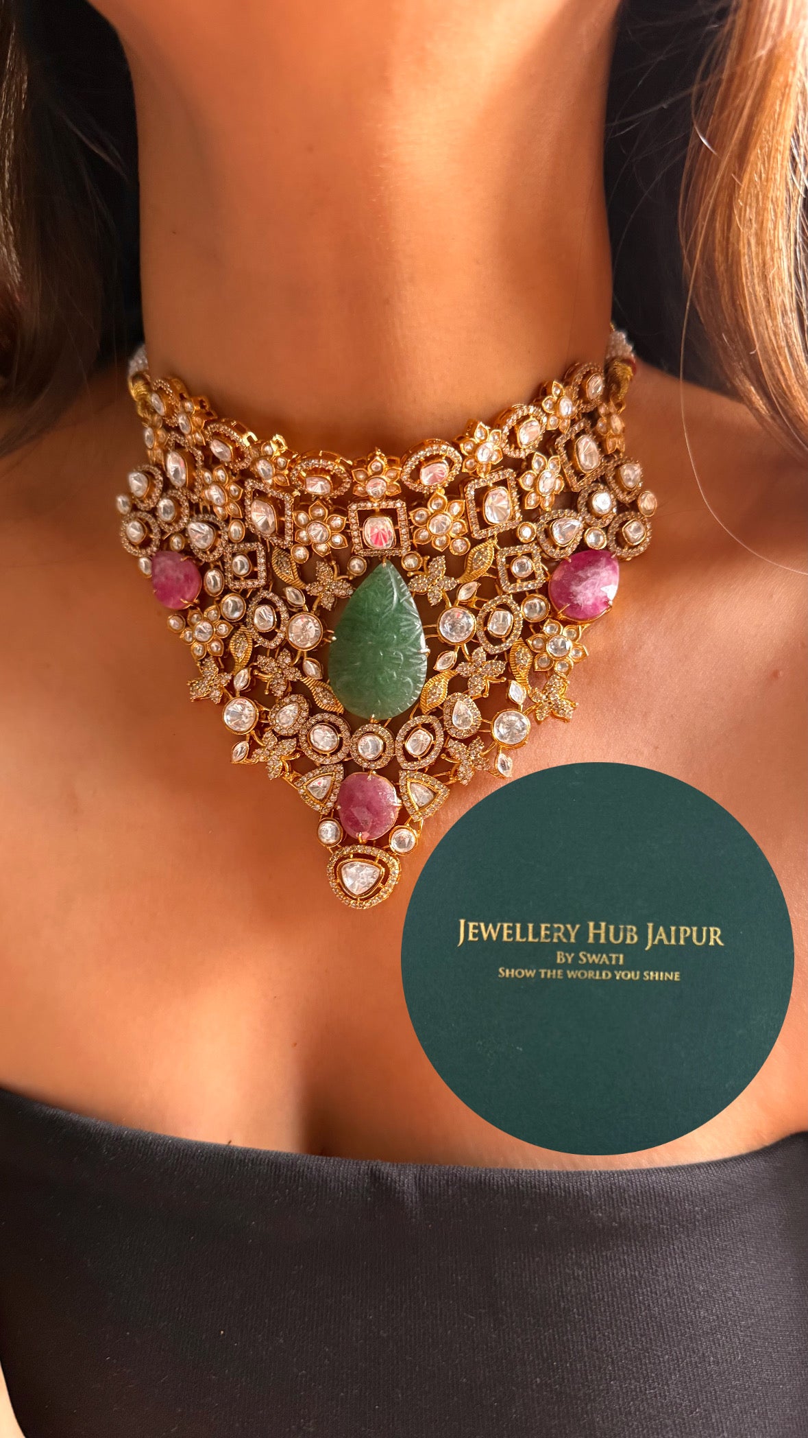 Mint inlay handmade & pastel rani pink gem with moissanite polki choker set