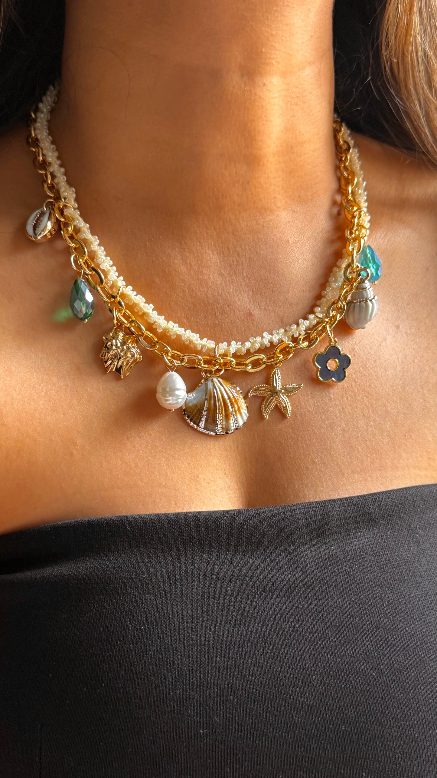 Beaded Multi-Chain Ocean/Beach Charm Necklace