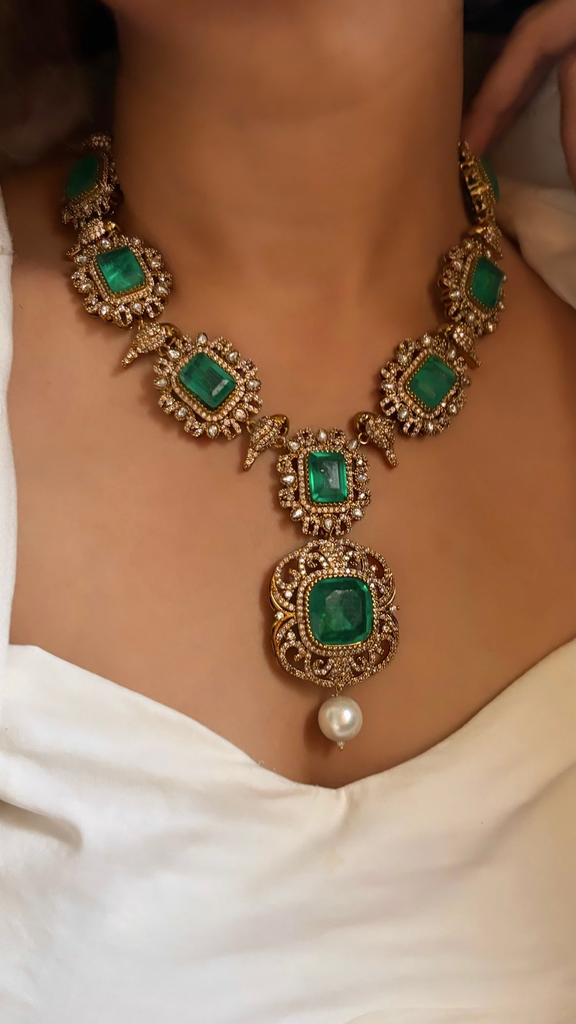 Emerald mint victorian Moissanite necklace