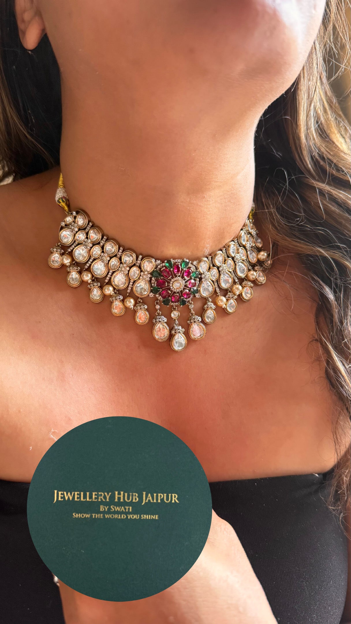 Emerald & rani pink ruby doublet with moissanite polki designer Necklace