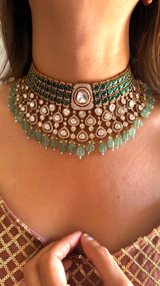 Anshika Emerald moissanite polki & mint drops choker