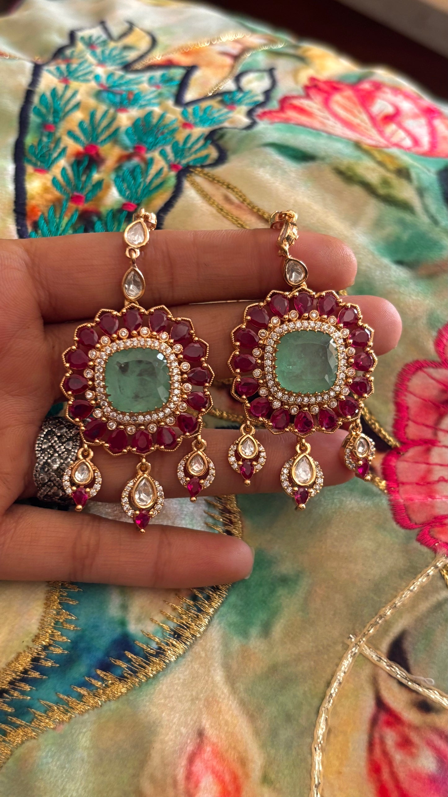 Mint & ruby polki earrings with ear chain
