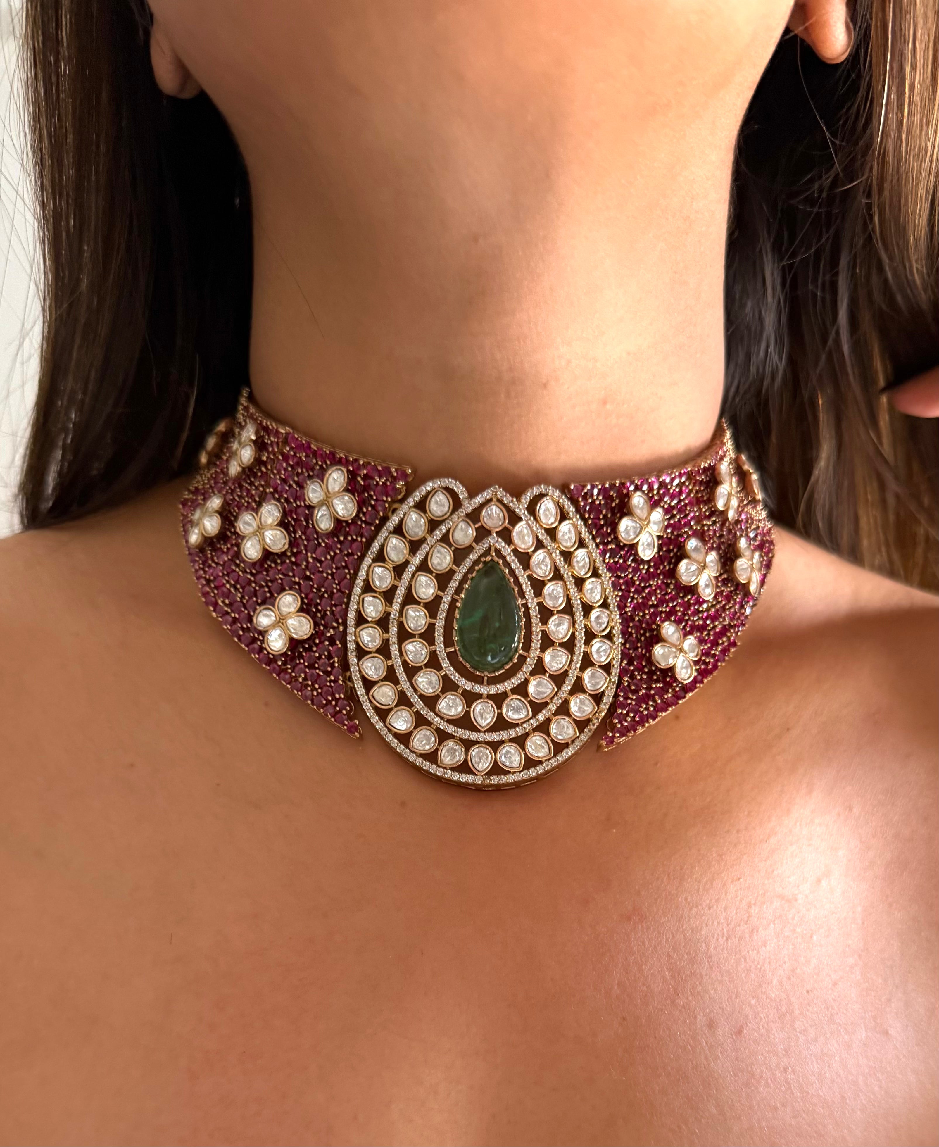 Rani pink & mint drop doublet moissanite flower choker