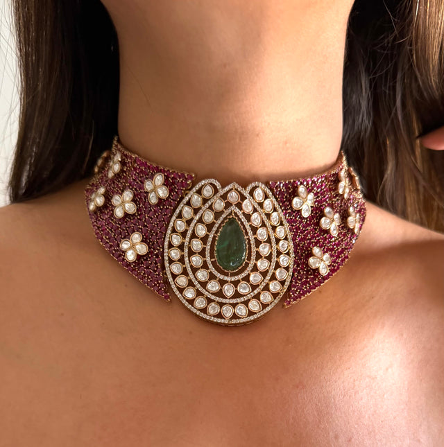 Rani pink & mint drop doublet moissanite flower choker