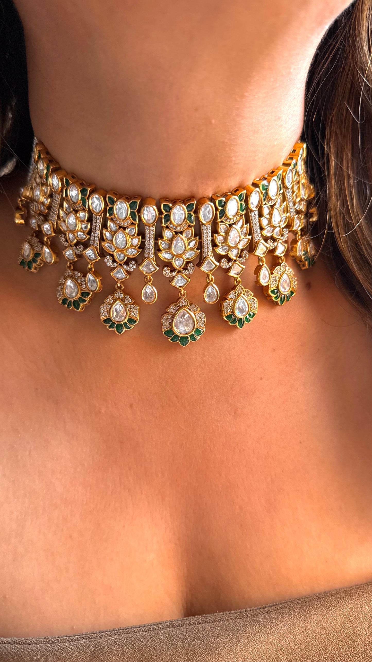 Emerald Takkar work Moissanite Choker Necklace