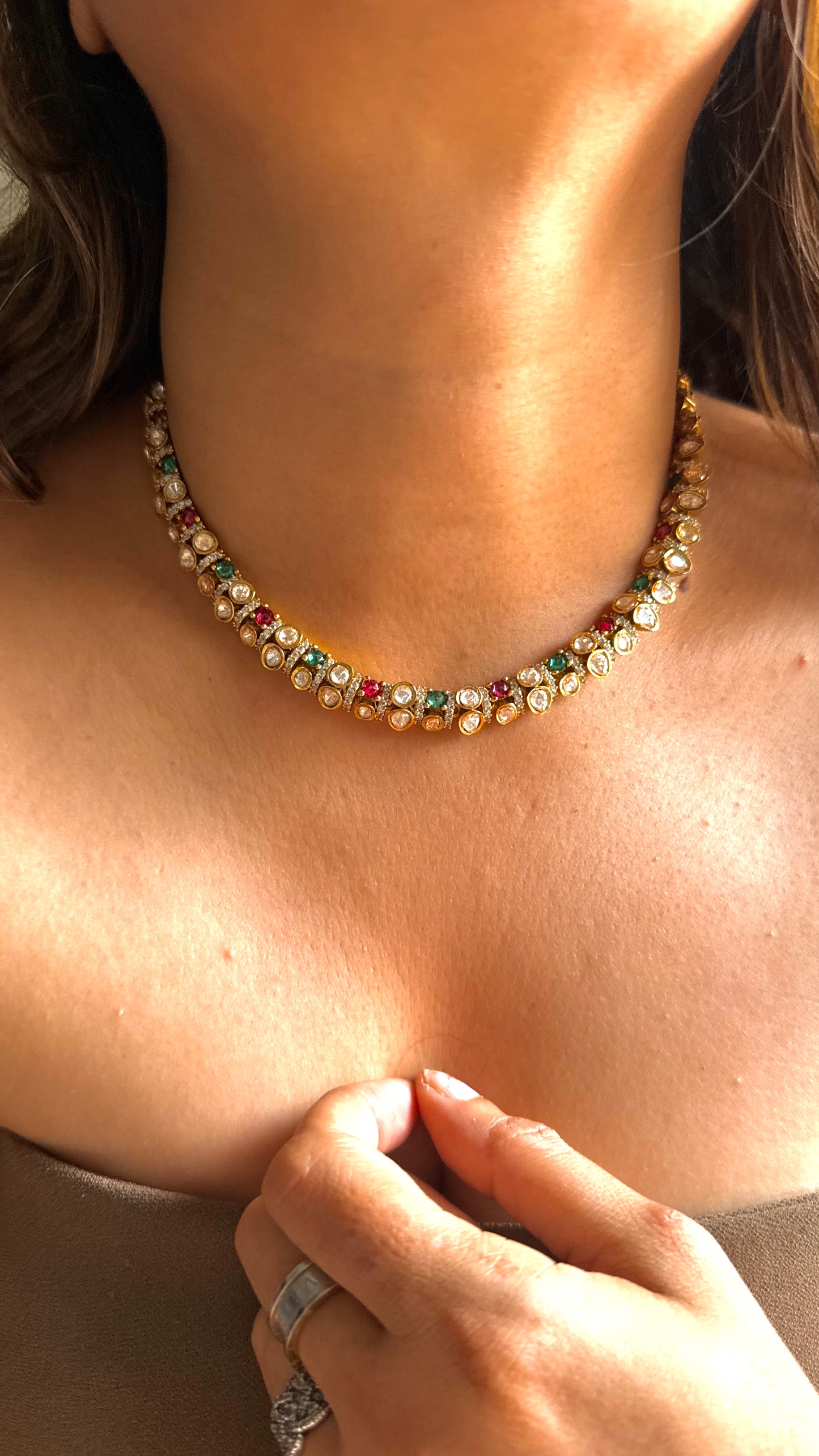 Real moissanite lv shade polki necklace (ruby & emerald)