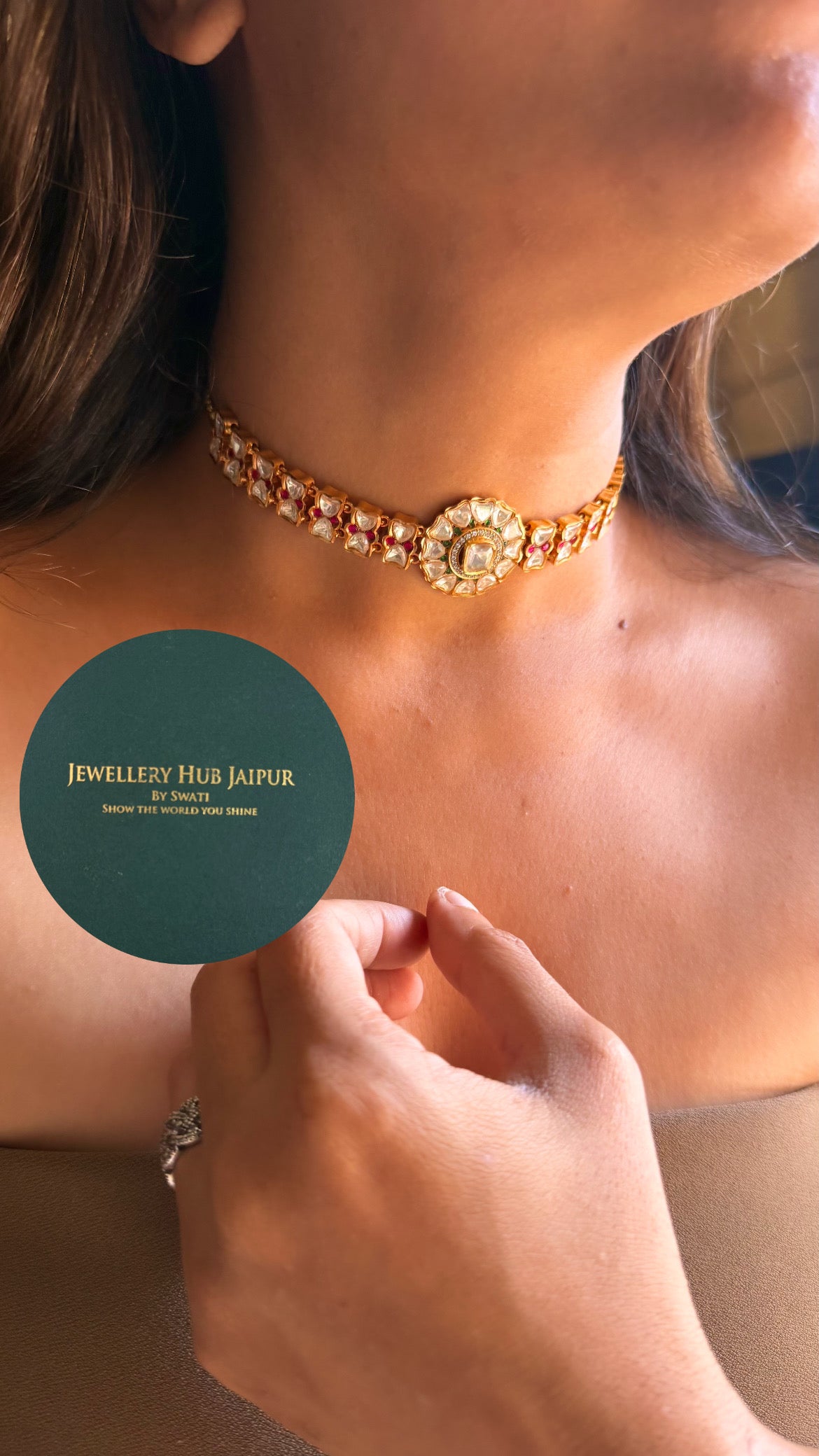 Real moissanite rani pink & emerald floral minimal choker set