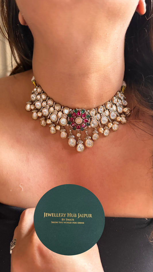 Emerald & rani pink ruby doublet with moissanite polki designer Necklace