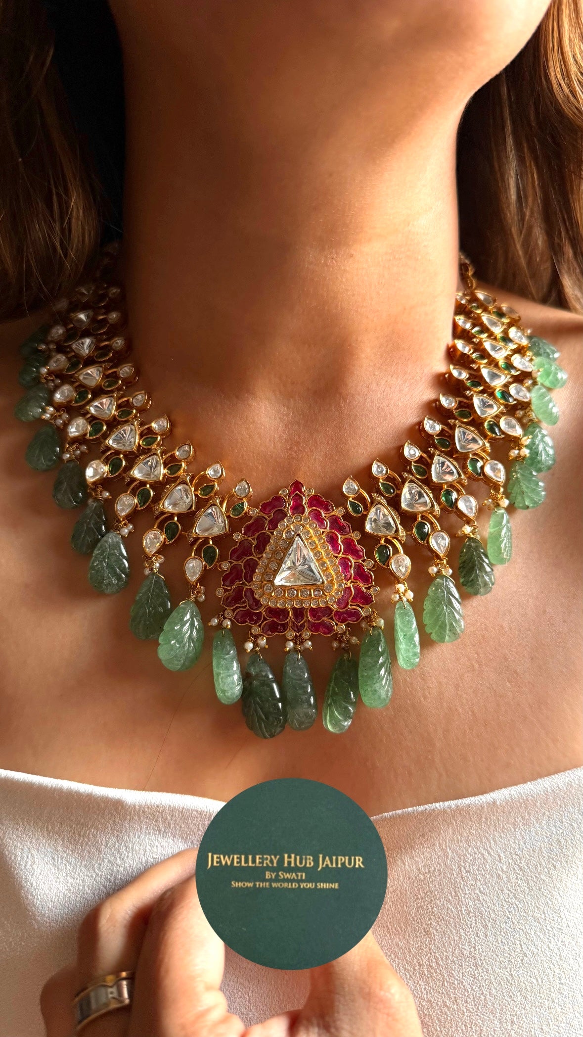 Emerald & ruby katdana moissanite polki with mint drops Necklace