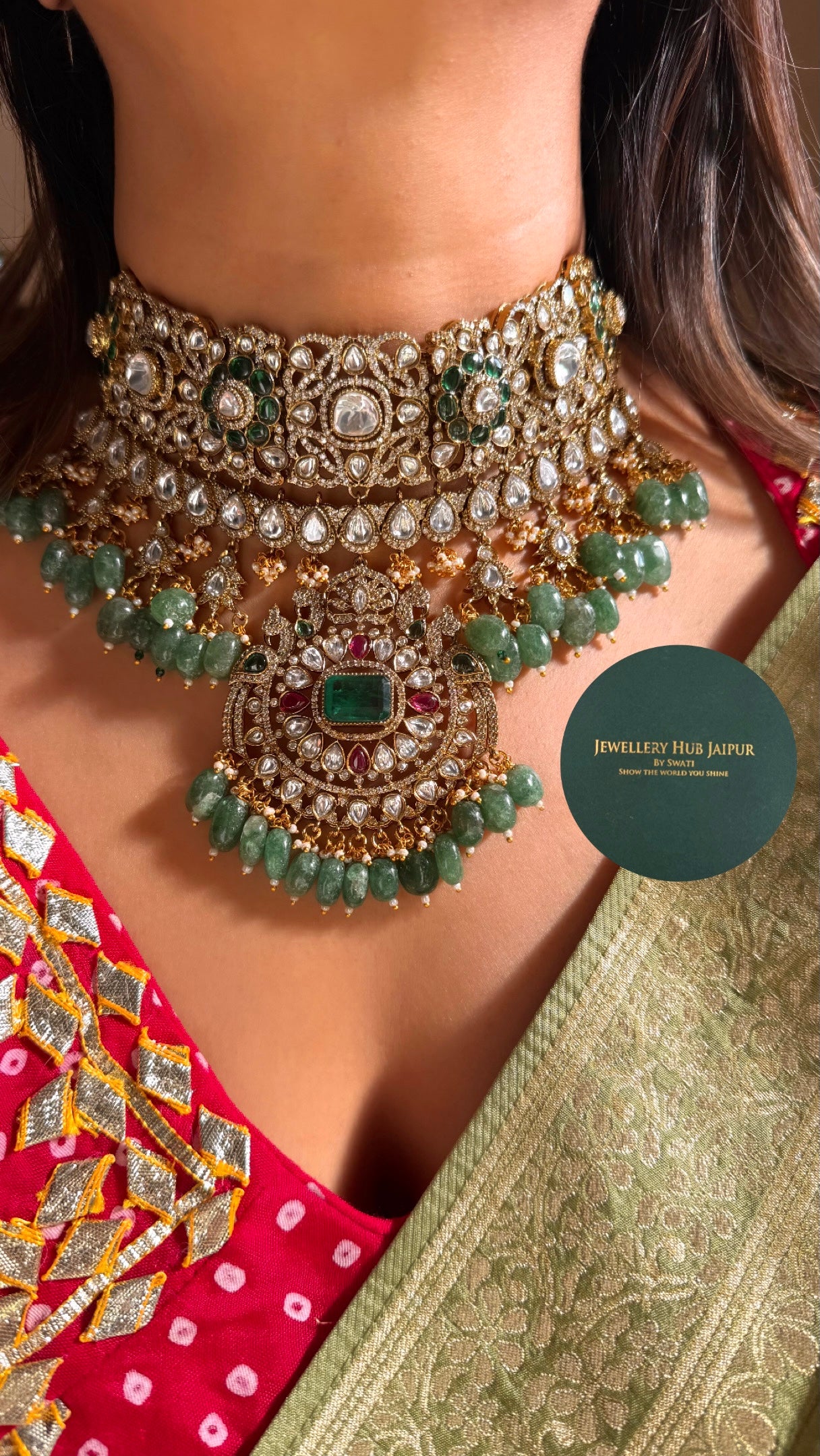 Emerald doublet & Rani pink with mint drops choker set