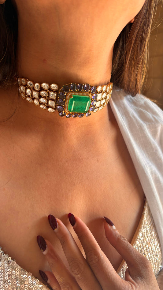 Sapphire and Emerald moissanite choker necklace