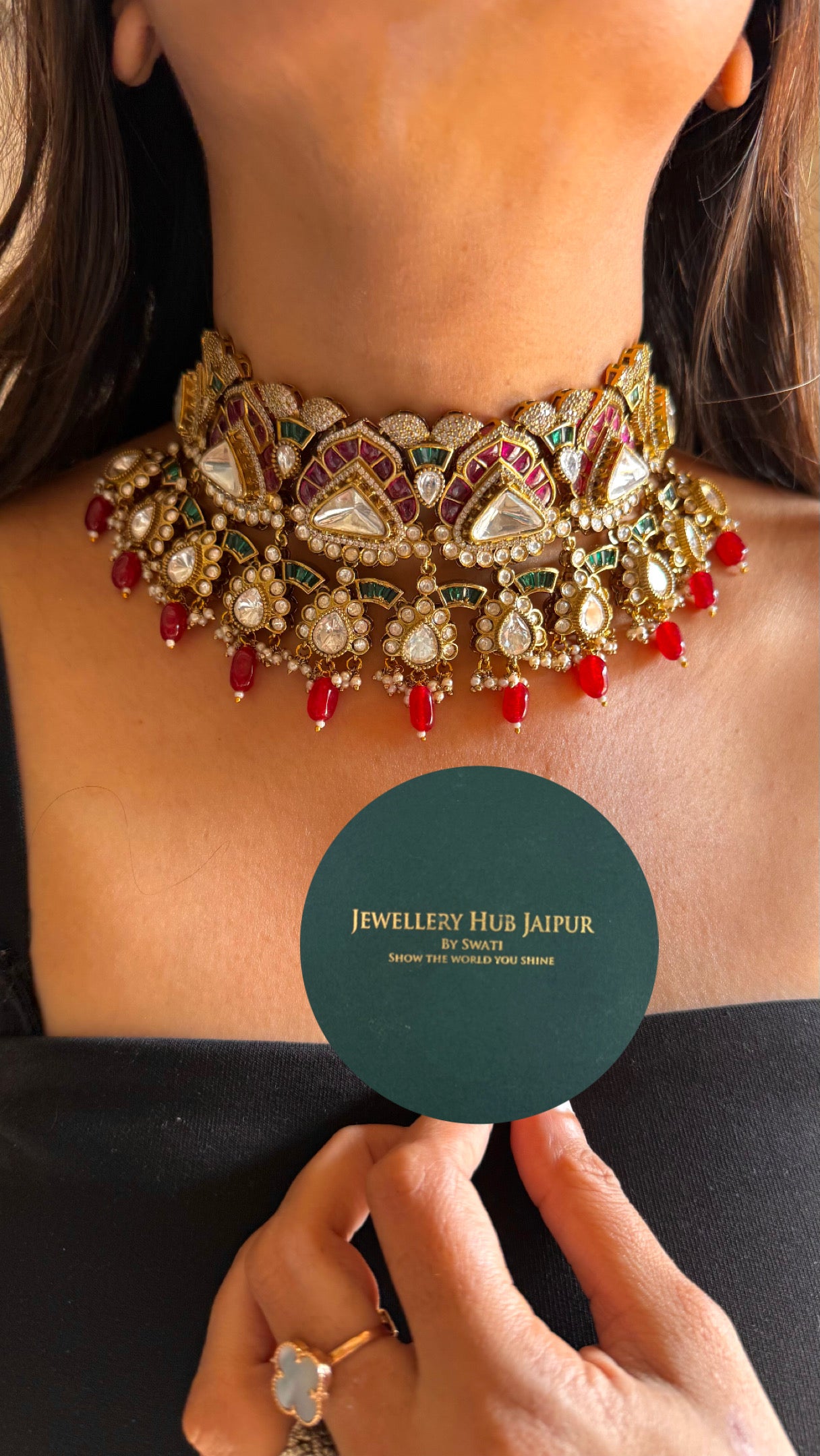 emerald & ruby drop moissanite bridal necklace