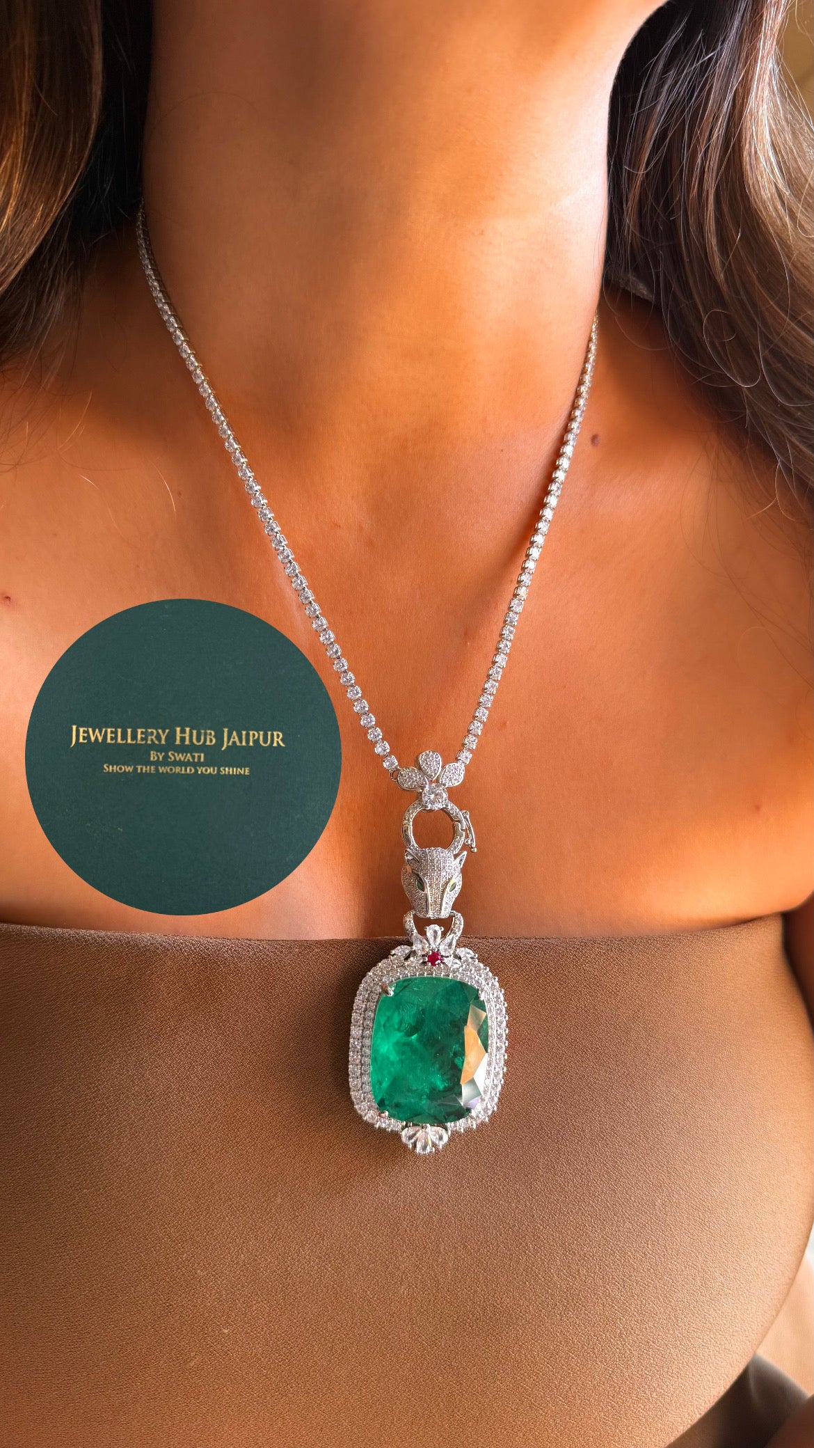 Large emerald and diamond panther pendant