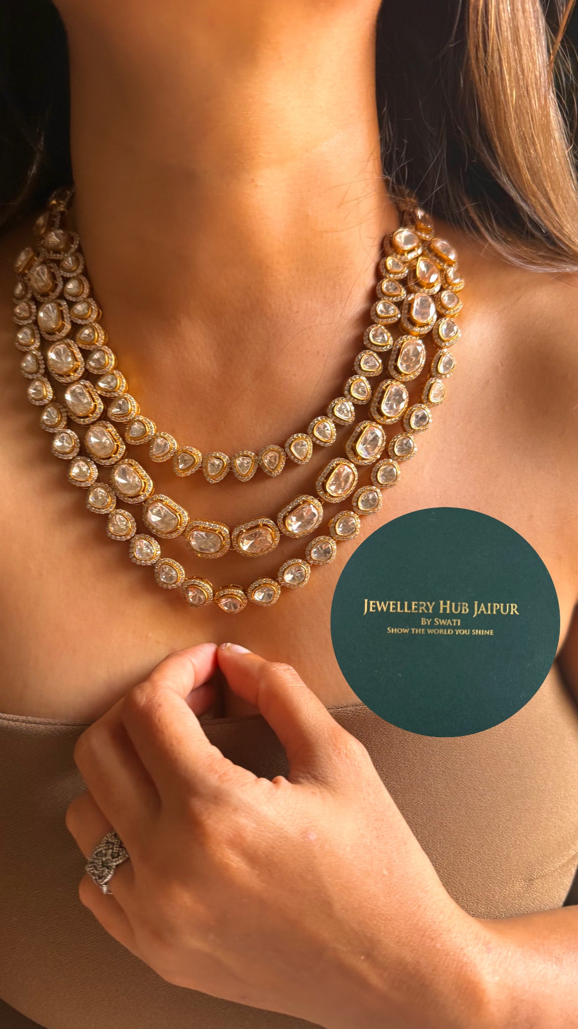 Real uncut moissanite polki triple layered collar set