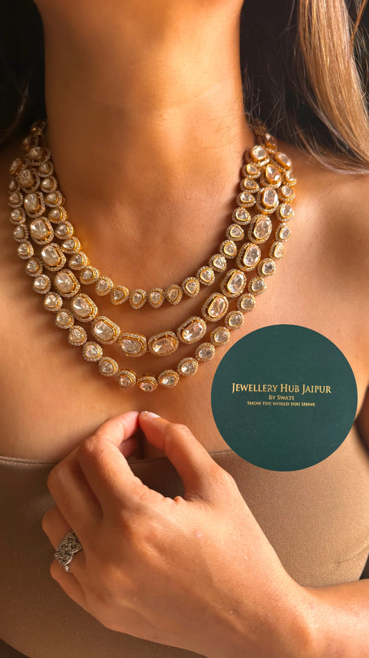 Real uncut moissanite polki triple layered collar set