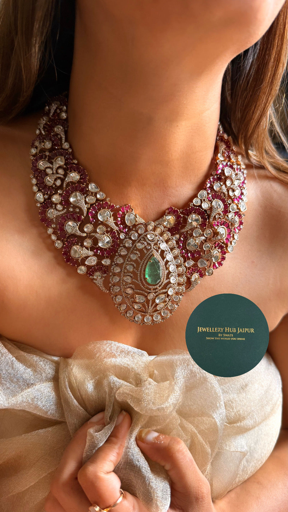 Ruby & moissanite with panna detailing designer collar necklace