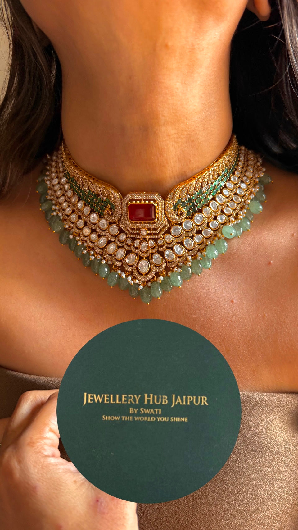 Ruby & mint drops with peacock design choker set