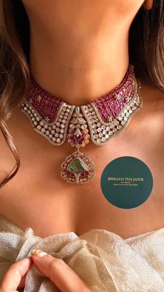 Raniwala inspired mint panna moissanite choker set