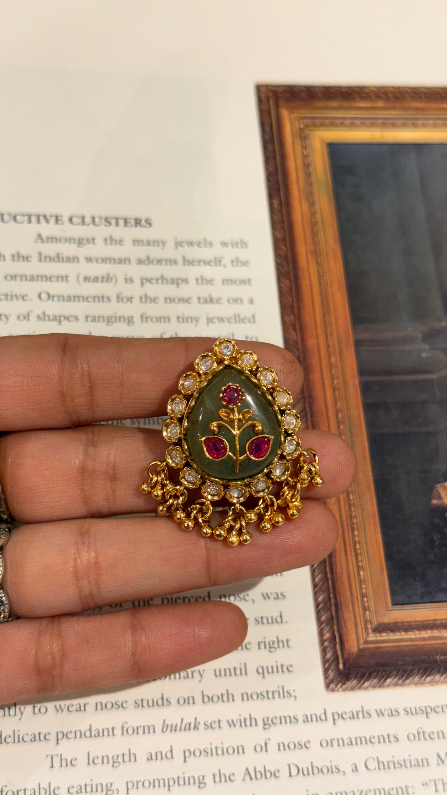Mint green nakshi detailing inlay ring with gold drop detailing