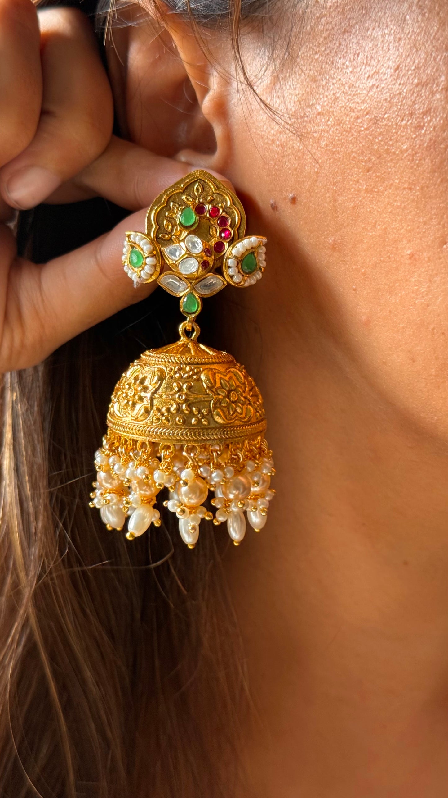 Mint & rani pink golden heritage jhumka