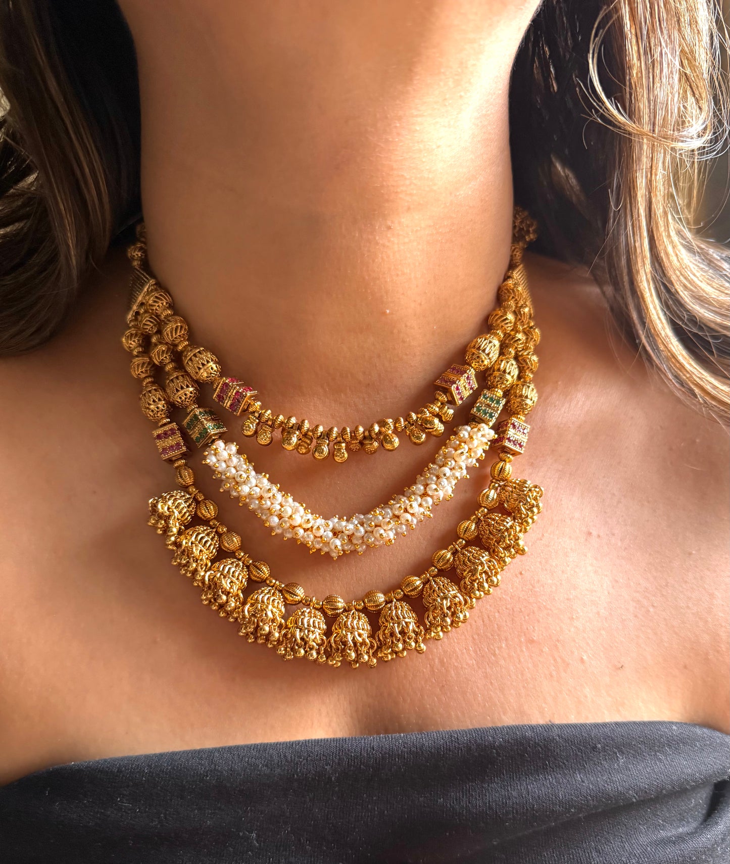 Triple line Rajwada necklace with Gajra and jhumki detailing
